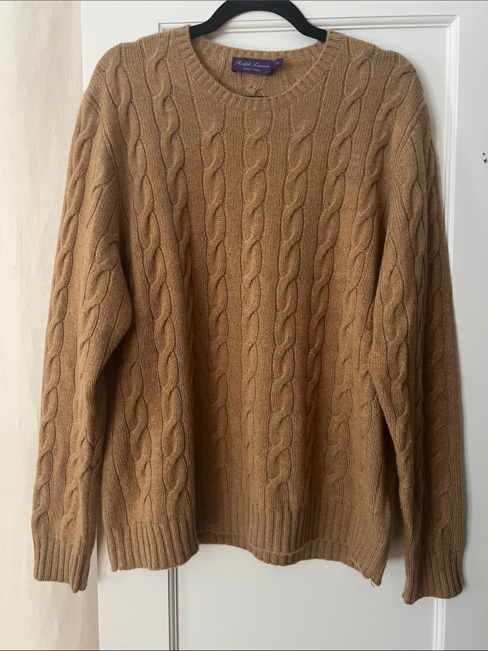 Ralph Lauren Purple Label Camel Cable Knit Crewneck Sweater 100% Cashmere